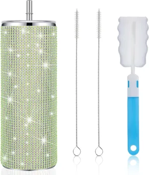 Tessco Bling Cups Rhinestones Tumbler with Straw Glitter Water Bottle Stainless Steel Straw Tumbler Insulated Bling Cup with Lid Brush for Teacher Graduation Season Gifts(20 oz,Green)