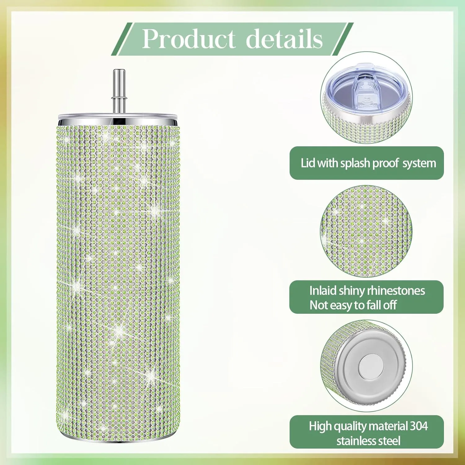 Tessco Bling Cups Rhinestones Tumbler with Straw Glitter Water Bottle Stainless Steel Straw Tumbler Insulated Bling Cup with Lid Brush for Teacher Graduation Season Gifts(20 oz,Green)