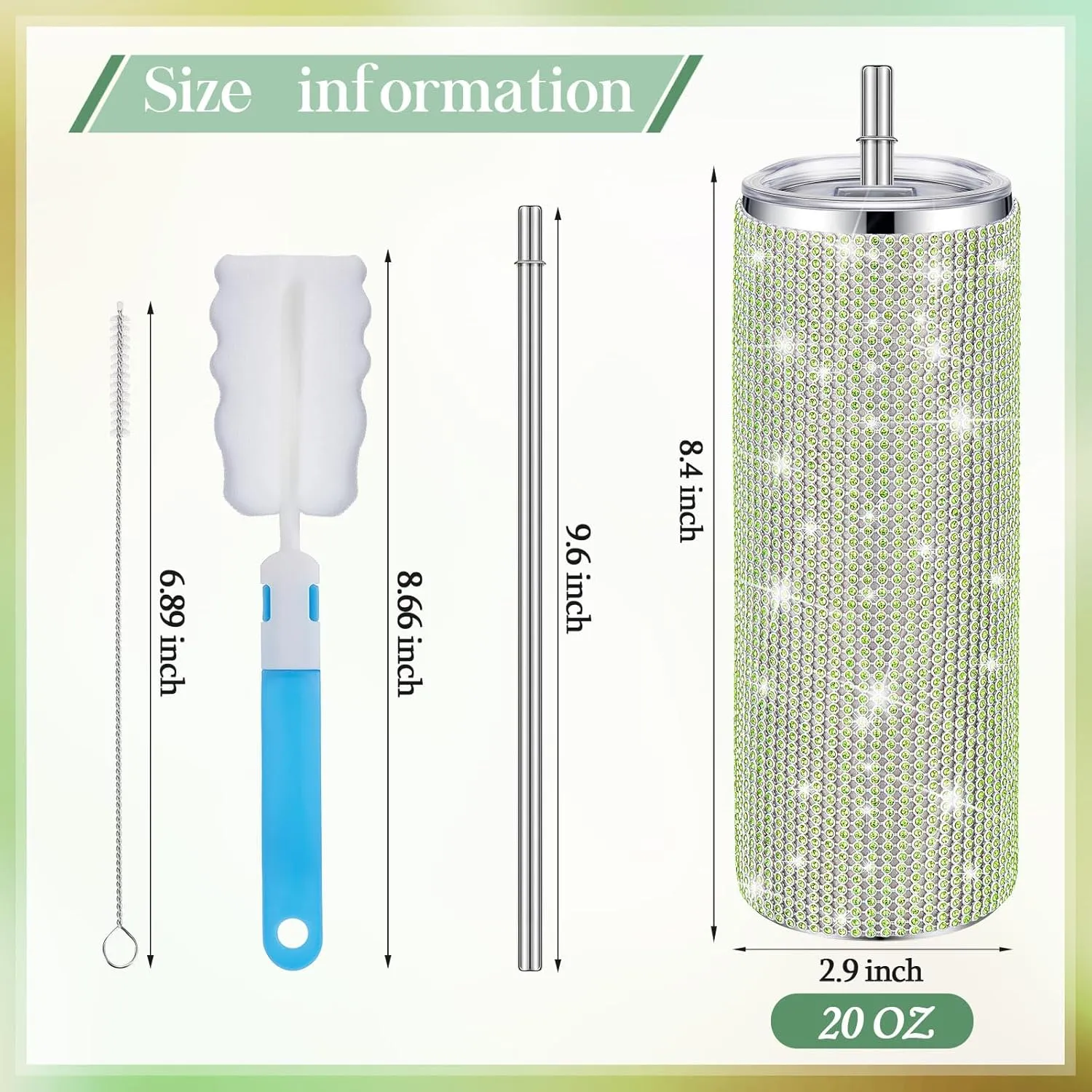 Tessco Bling Cups Rhinestones Tumbler with Straw Glitter Water Bottle Stainless Steel Straw Tumbler Insulated Bling Cup with Lid Brush for Teacher Graduation Season Gifts(20 oz,Green)