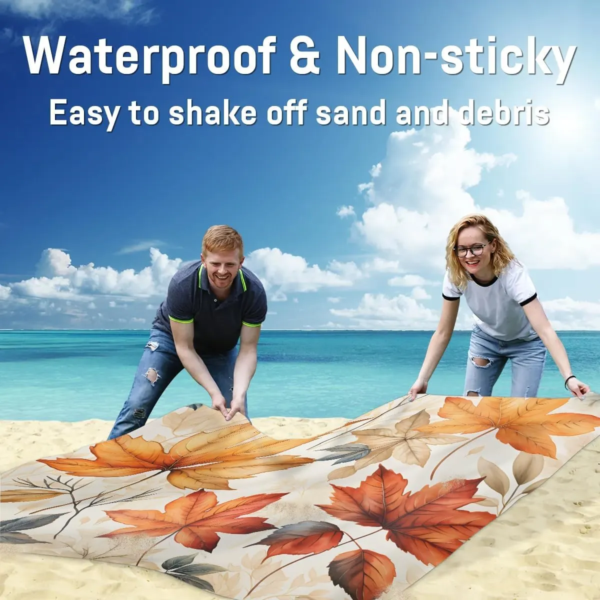 Thanksgiving Beach Blanket, Sandproof Beach Mat, 68 x 59 Waterproof Quick Drying Sand Free Mat with 4 x Ground Spikes for Outdoor Travel Camping Hiking, Autumn Maple Leaf