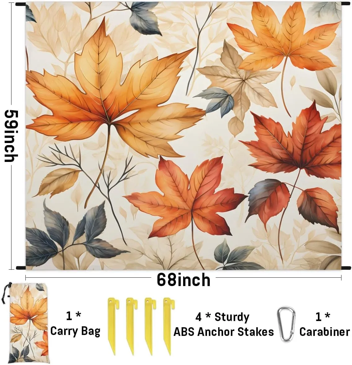 Thanksgiving Beach Blanket, Sandproof Beach Mat, 68 x 59 Waterproof Quick Drying Sand Free Mat with 4 x Ground Spikes for Outdoor Travel Camping Hiking, Autumn Maple Leaf