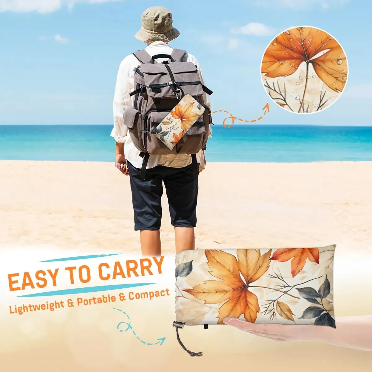 Thanksgiving Beach Blanket, Sandproof Beach Mat, 68 x 59 Waterproof Quick Drying Sand Free Mat with 4 x Ground Spikes for Outdoor Travel Camping Hiking, Autumn Maple Leaf