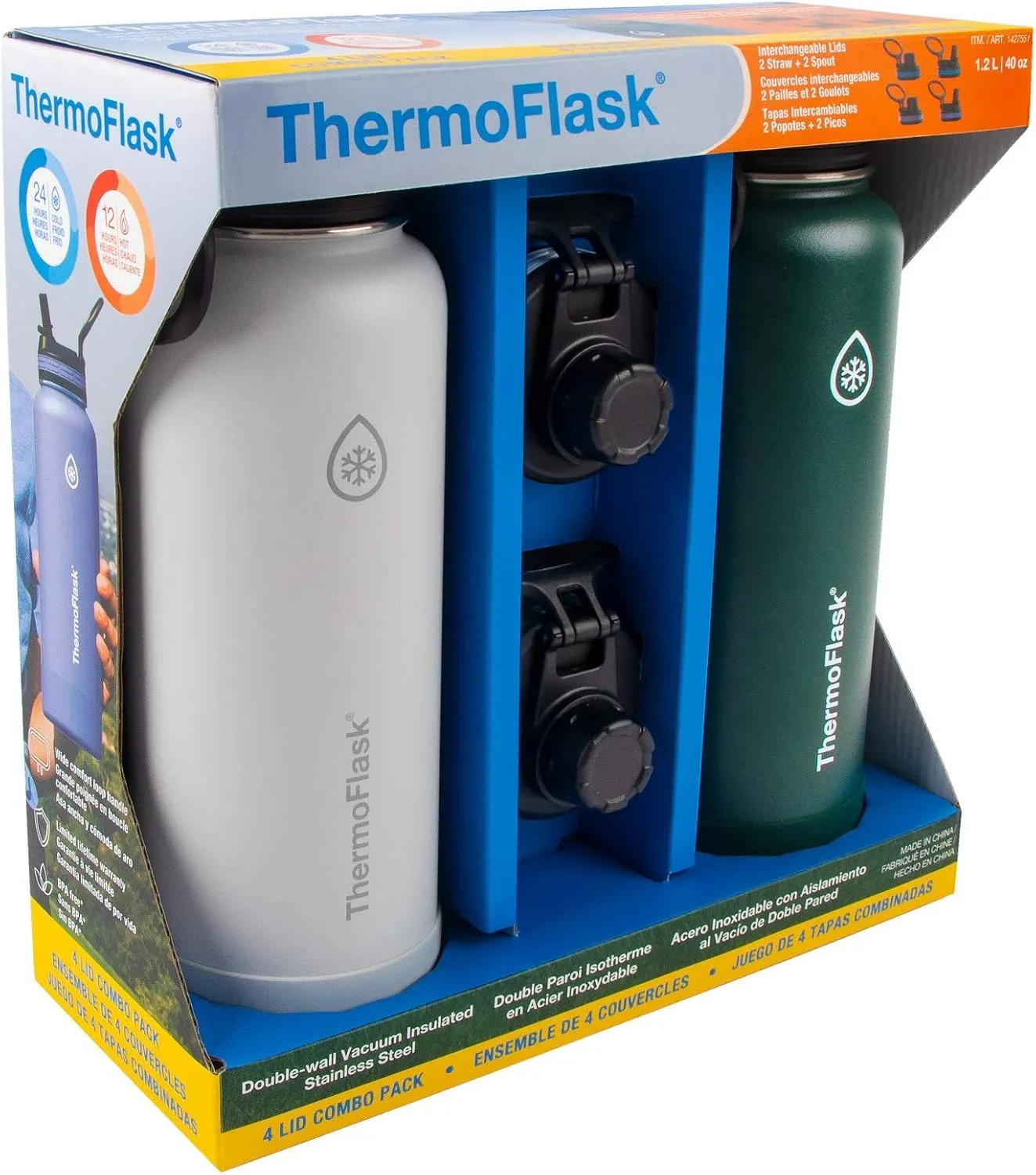 ThermoFlask Bottle with Spout Lid - Stainless Steel Water Bottles with Double-Wall Insulation & BPA-Free Spout Lids - Leak-Proof Reusable Bottles & Lids - 40 oz, Gray Pine (2 Pack)