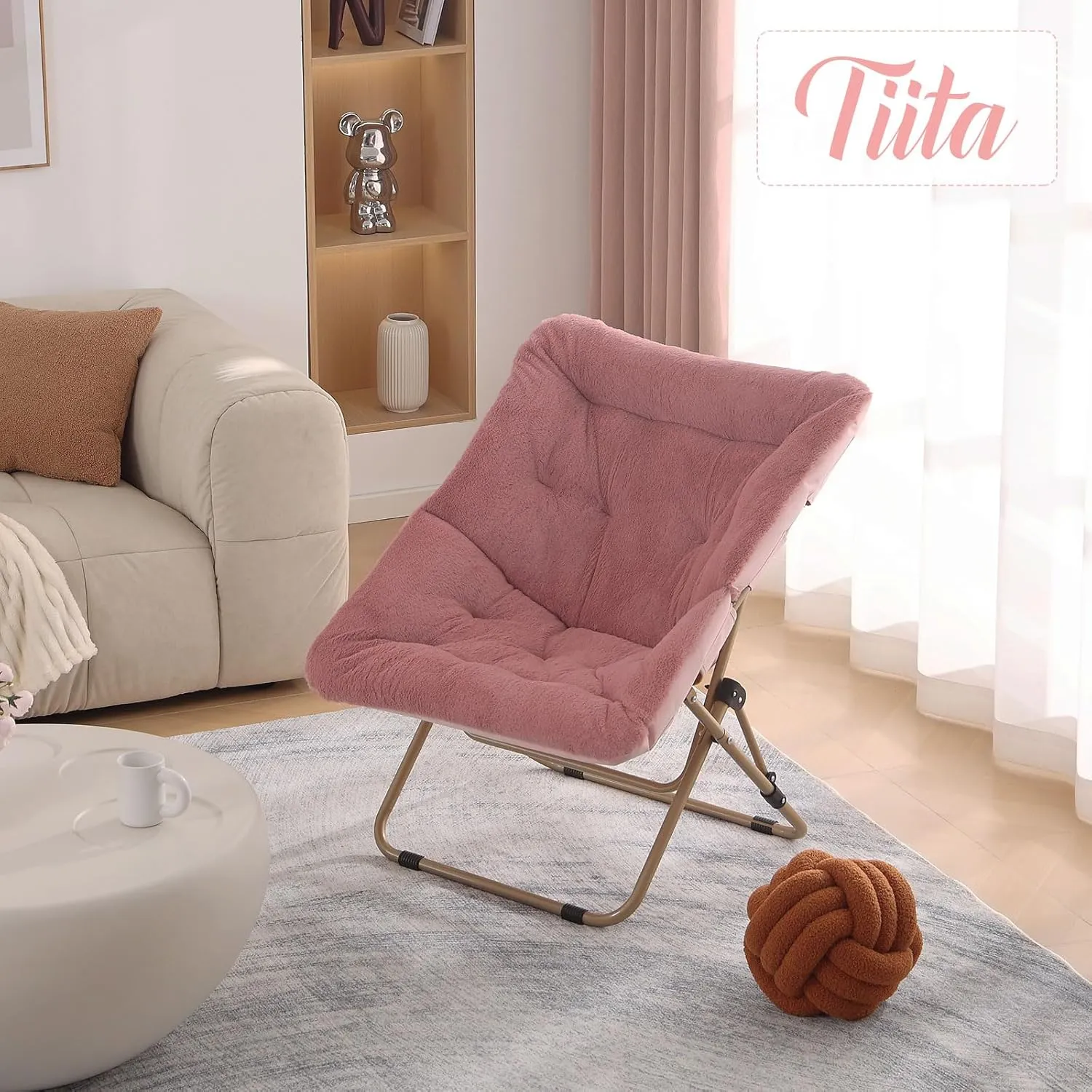 Tiita Comfy Saucer Chair, Soft Faux Fur Oversized Folding Accent Chair, Lounge Lazy Chair for Teens Adults, Metal Frame Moon Chair for Bedroom, Living Room, Dorm Rooms