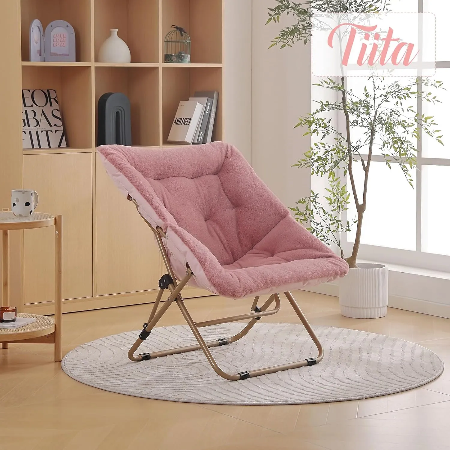 Tiita Comfy Saucer Chair, Soft Faux Fur Oversized Folding Accent Chair, Lounge Lazy Chair for Teens Adults, Metal Frame Moon Chair for Bedroom, Living Room, Dorm Rooms