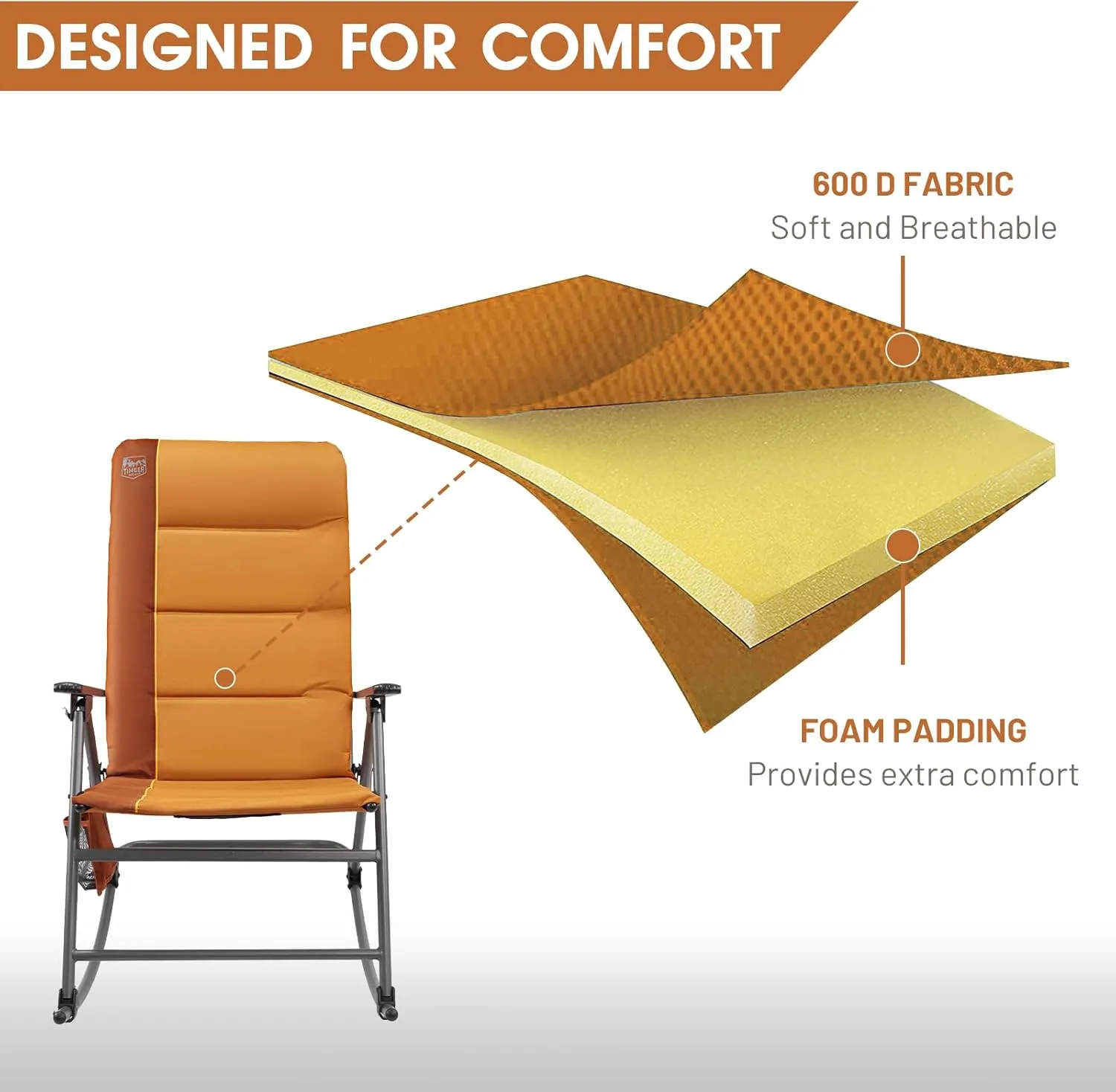 TIMBER RIDGE High Back Oversized Folding Rocking Camping Chair, Padded Outdoor Rocker, Portable Outdoor Chair for Patio, Garden, Lawn, Supports up to 400 lbs, Orange