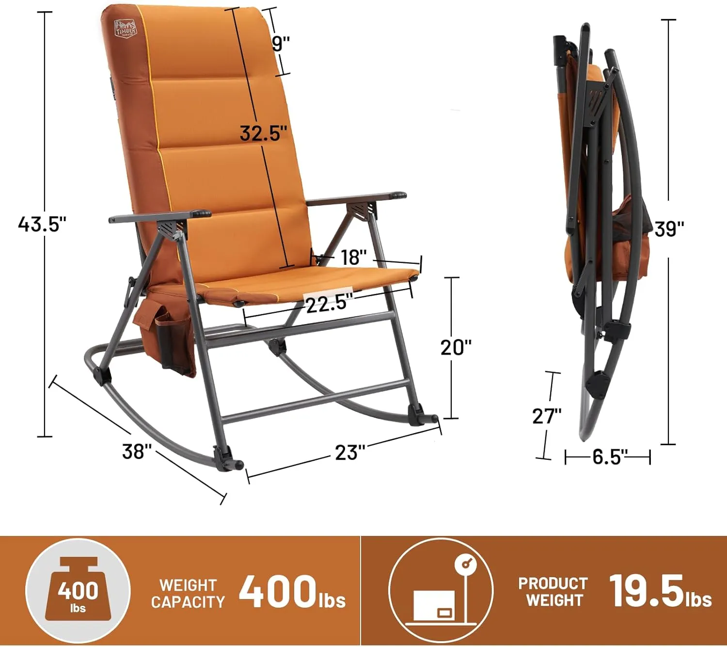TIMBER RIDGE High Back Oversized Folding Rocking Camping Chair, Padded Outdoor Rocker, Portable Outdoor Chair for Patio, Garden, Lawn, Supports up to 400 lbs, Orange