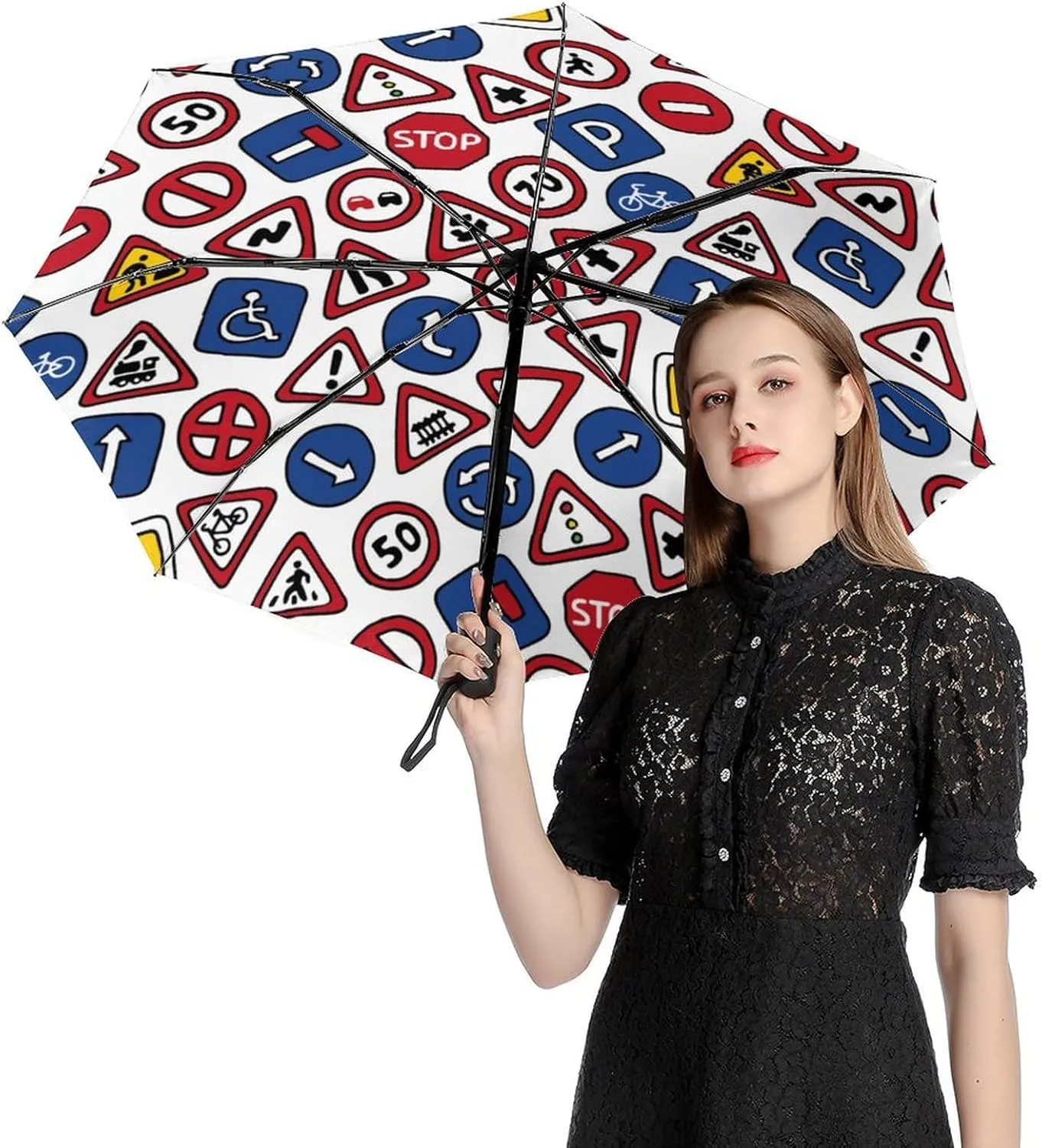Traffic Signs Novelty Travel Umbrella Windproof Automatic Umbrellas Compact Folding Umbrella