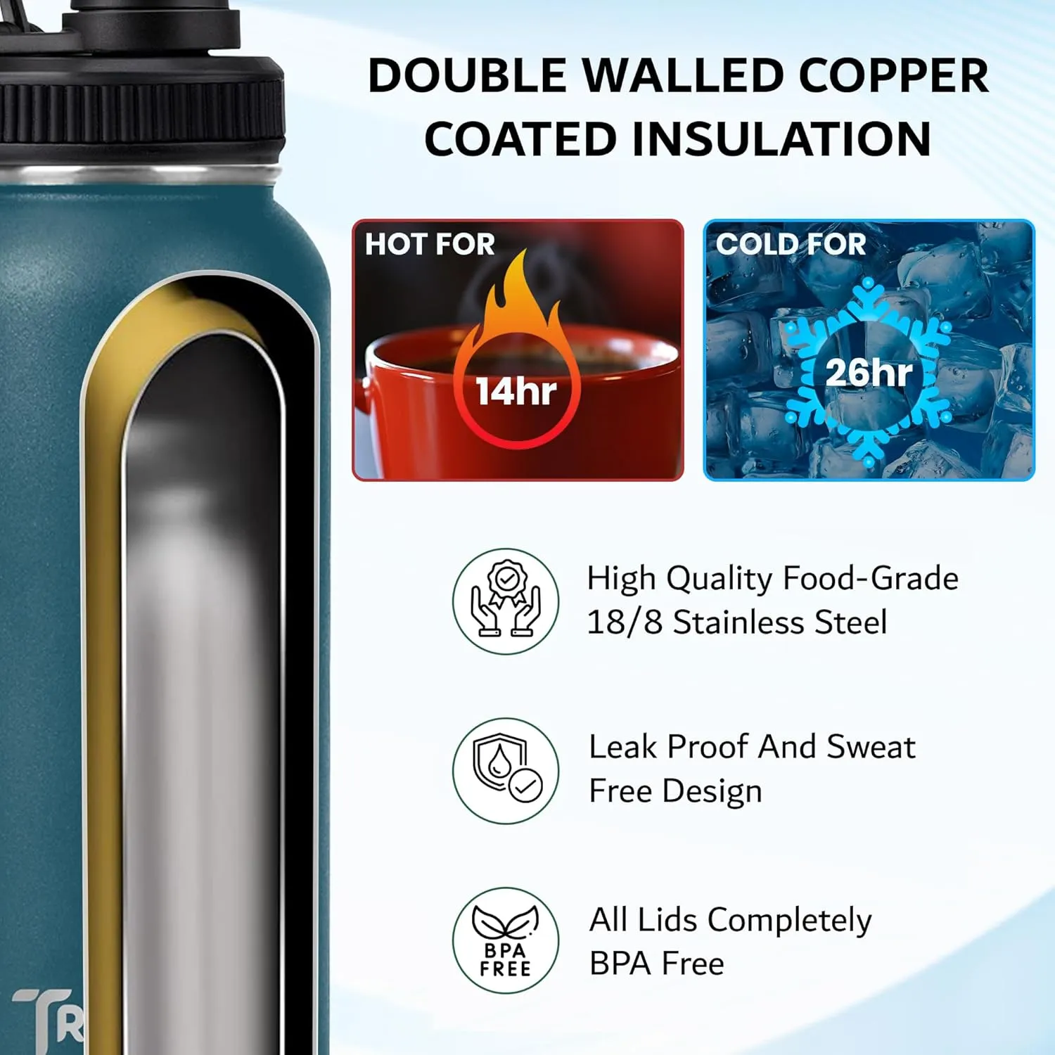 Travel Water Bottle with 3 Lids (Spout, Straw, Flip) Leak Proof, Quality, Vacuum Insulated, Stainless Steel (Black, 22 oz)
