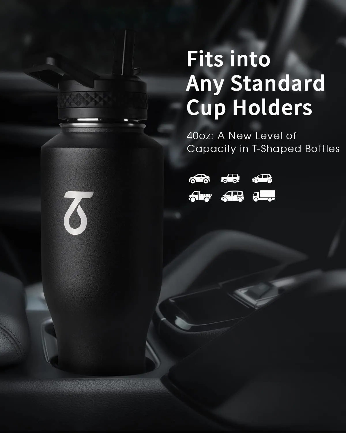Trebo 40 oz Insulated Water Bottle that Fits in Car Cup Holder,Triple Wall Stainless Steel Water Bottles Insulated,LeakProof,Keep 48 hrs Cold & 24 hrs Hot,Metal Tumbler with Paracord Handle,Straw