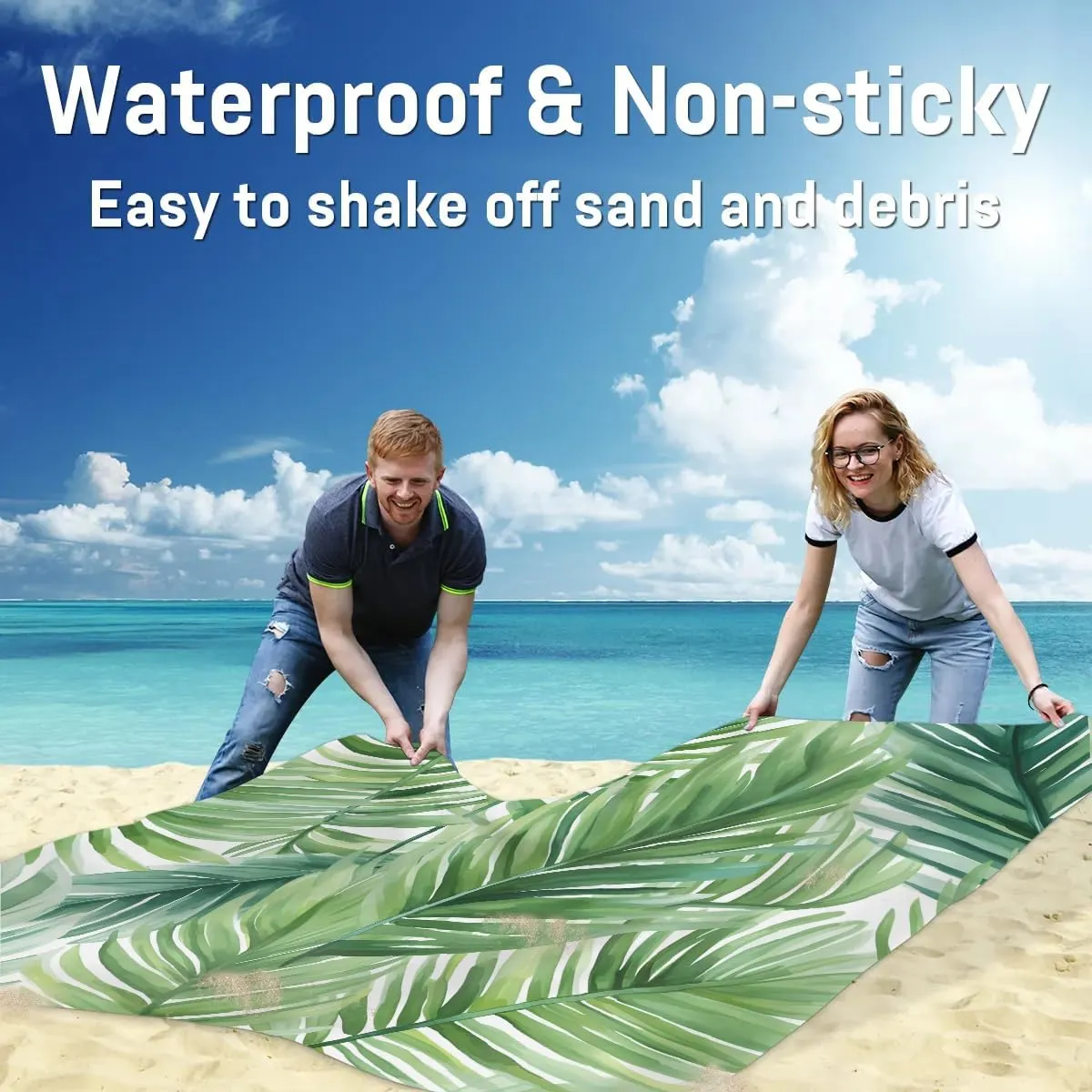 Tropical Palm Leaves Beach Blanket, Sandproof Beach Mat, 68 x 59 Waterproof Quick Drying Sand Free Mat with 4 x Ground Spikes for Outdoor Travel Camping Hiking, Summer Palm Leaves