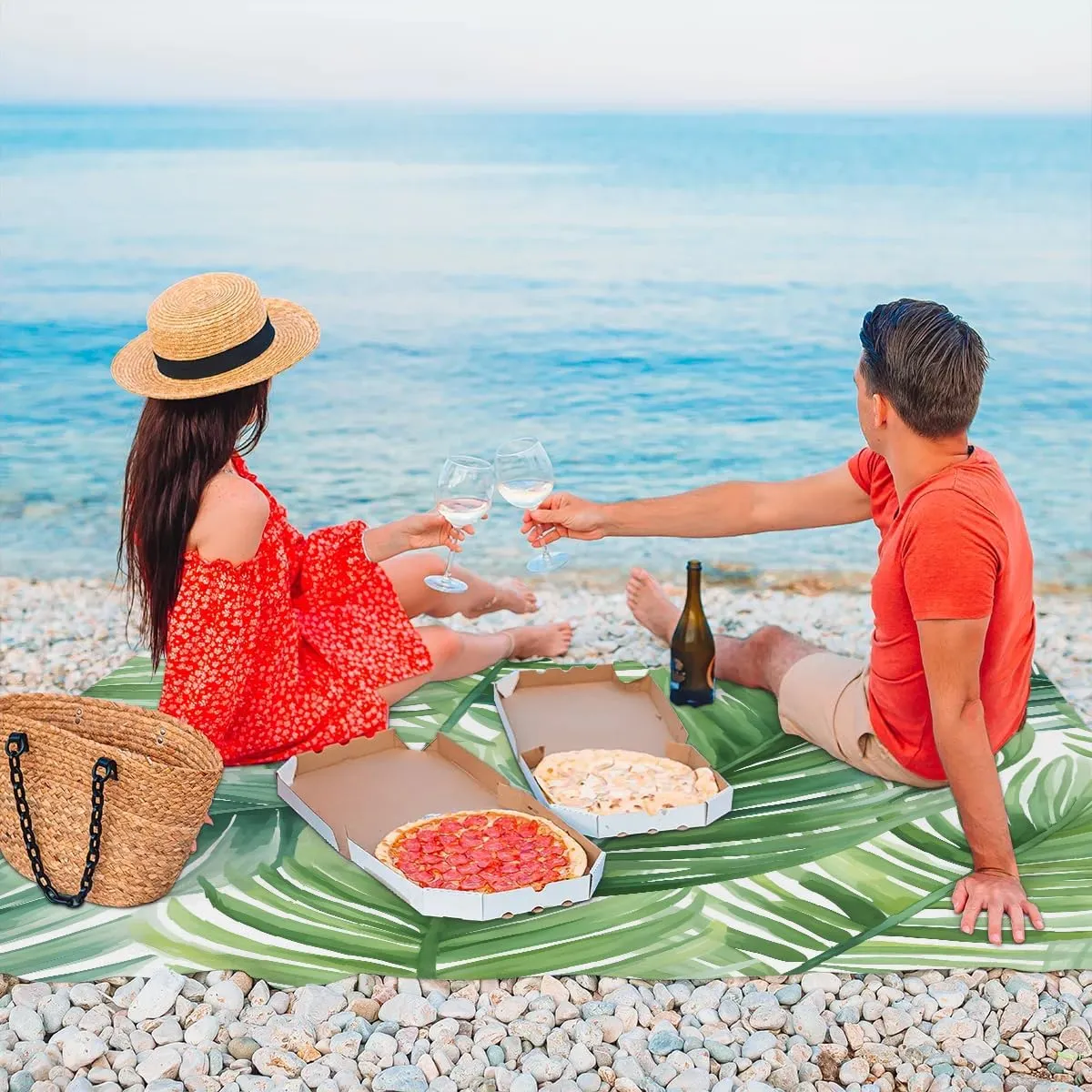 Tropical Palm Leaves Beach Blanket, Sandproof Beach Mat, 68 x 59 Waterproof Quick Drying Sand Free Mat with 4 x Ground Spikes for Outdoor Travel Camping Hiking, Summer Palm Leaves
