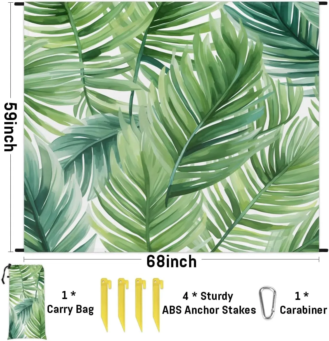 Tropical Palm Leaves Beach Blanket, Sandproof Beach Mat, 68 x 59 Waterproof Quick Drying Sand Free Mat with 4 x Ground Spikes for Outdoor Travel Camping Hiking, Summer Palm Leaves