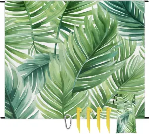 Tropical Palm Leaves Beach Blanket, Sandproof Beach Mat, 68 x 59 Waterproof Quick Drying Sand Free Mat with 4 x Ground Spikes for Outdoor Travel Camping Hiking, Summer Palm Leaves