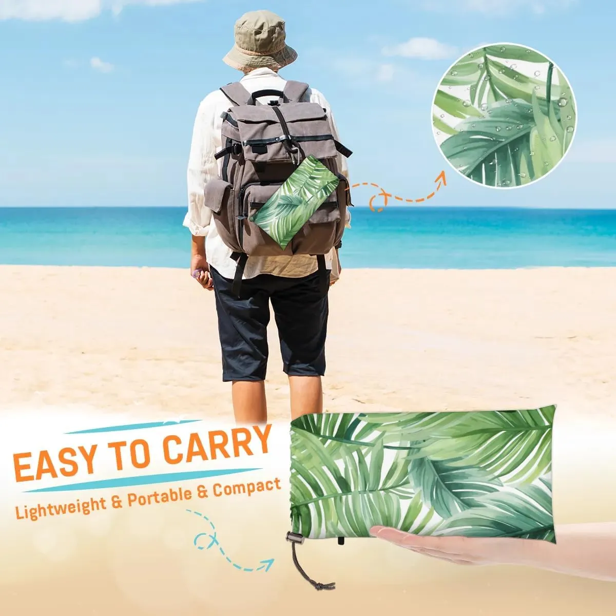 Tropical Palm Leaves Beach Blanket, Sandproof Beach Mat, 68 x 59 Waterproof Quick Drying Sand Free Mat with 4 x Ground Spikes for Outdoor Travel Camping Hiking, Summer Palm Leaves