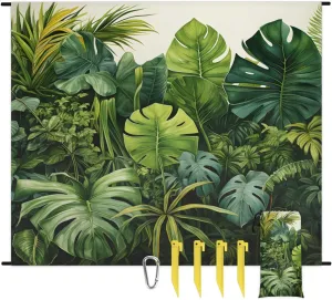 Tropical Plants Beach Blanket, Sandproof Beach Mat, 68 x 59 Waterproof Quick Drying Sand Free Mat with 4 x Ground Spikes for Outdoor Travel Camping Hiking, Palm Leaves