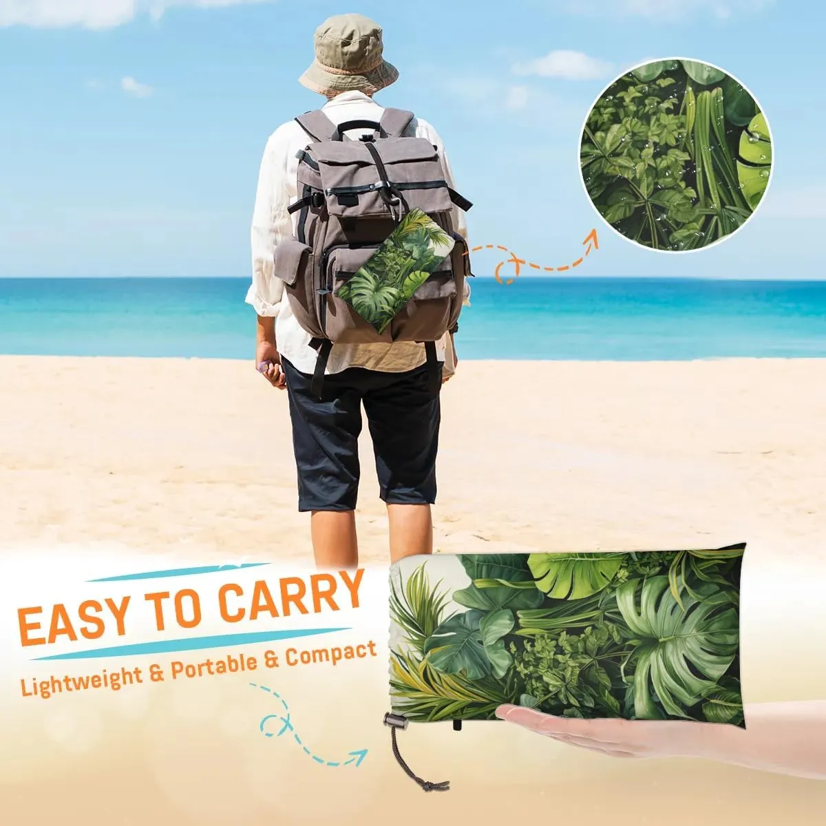Tropical Plants Beach Blanket, Sandproof Beach Mat, 68 x 59 Waterproof Quick Drying Sand Free Mat with 4 x Ground Spikes for Outdoor Travel Camping Hiking, Palm Leaves