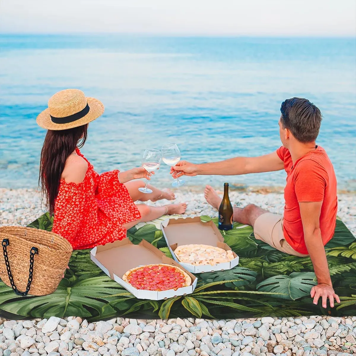 Tropical Plants Beach Blanket, Sandproof Beach Mat, 68 x 59 Waterproof Quick Drying Sand Free Mat with 4 x Ground Spikes for Outdoor Travel Camping Hiking, Palm Leaves