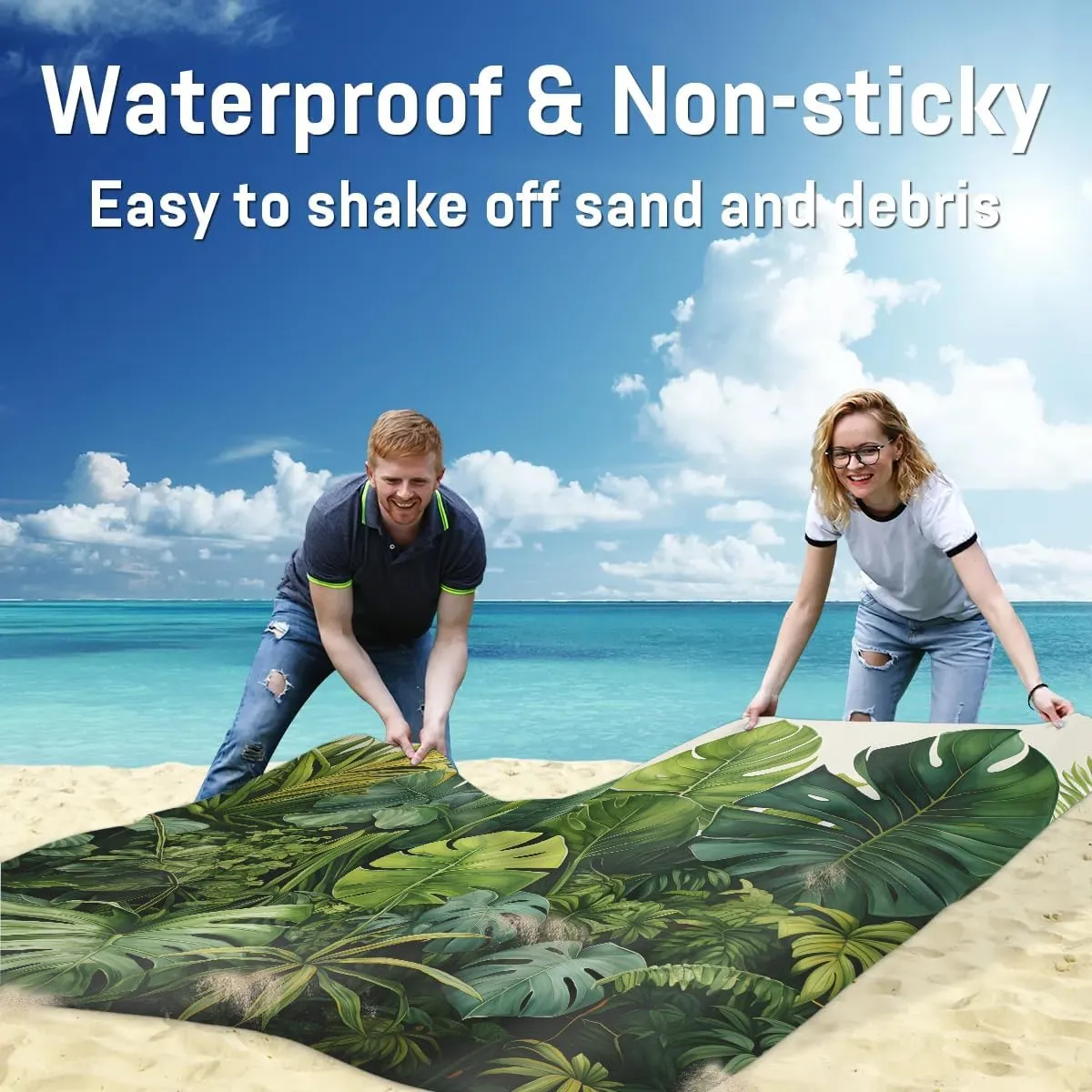 Tropical Plants Beach Blanket, Sandproof Beach Mat, 68 x 59 Waterproof Quick Drying Sand Free Mat with 4 x Ground Spikes for Outdoor Travel Camping Hiking, Palm Leaves