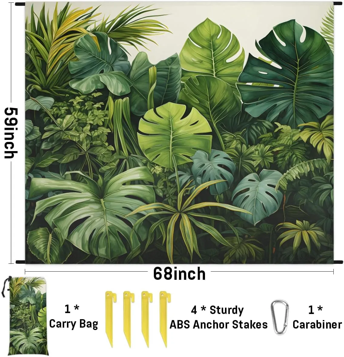 Tropical Plants Beach Blanket, Sandproof Beach Mat, 68 x 59 Waterproof Quick Drying Sand Free Mat with 4 x Ground Spikes for Outdoor Travel Camping Hiking, Palm Leaves