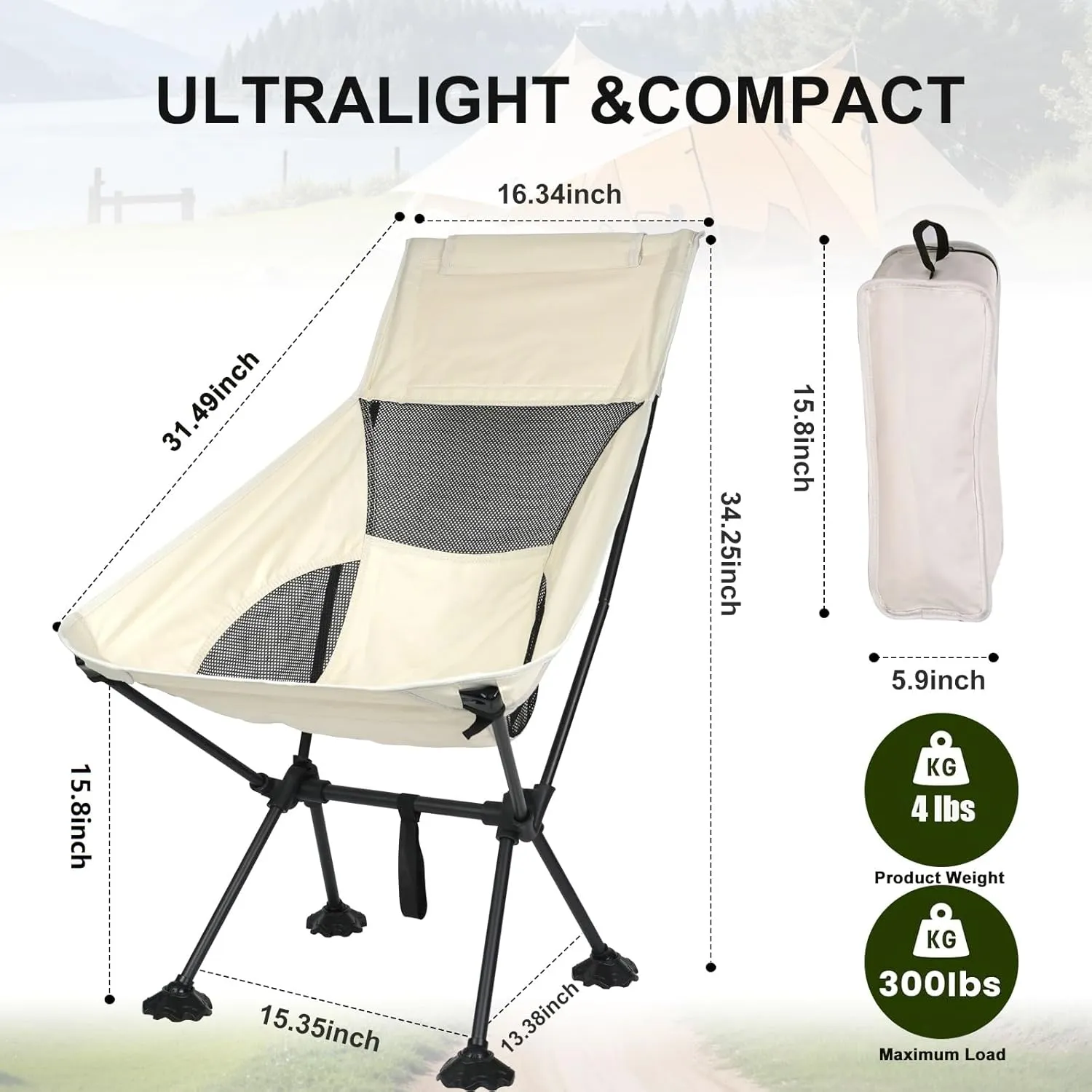 Ultralight High-Back Camping Chair - Portable Folding Backpacking Chair with Anti-sag Footmuffs, Supports up to 300 lbs, Compact and Durable for Outdoor Hiking, Camping, Fishing, Reading - White