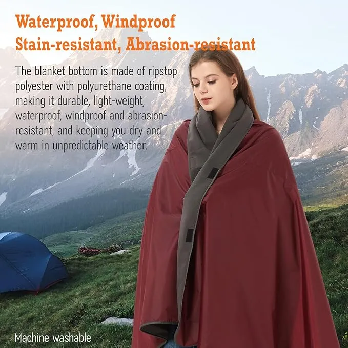 Updated Stadium Blanket for Cold Weather, 4-in-1 Waterproof Large Outdoor Blanket. Warm, Windproof, Portable, Great for Sports Events, Camping, Hiking, Picnic - 82x55in., Antique Ruby