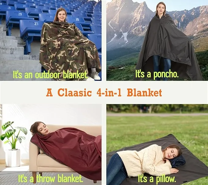 Updated Stadium Blanket for Cold Weather, 4-in-1 Waterproof Large Outdoor Blanket. Warm, Windproof, Portable, Great for Sports Events, Camping, Hiking, Picnic - 82x55in., Antique Ruby