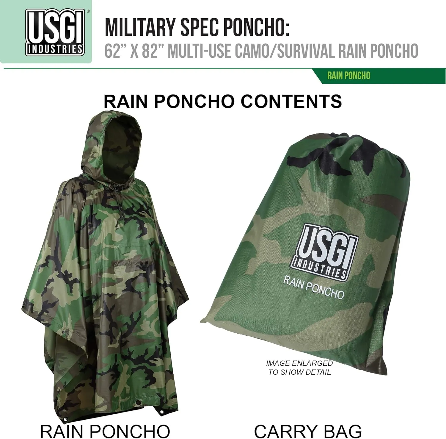USGI Industries Military Style Poncho Multi Use Rip Stop Camouflage Rain Poncho