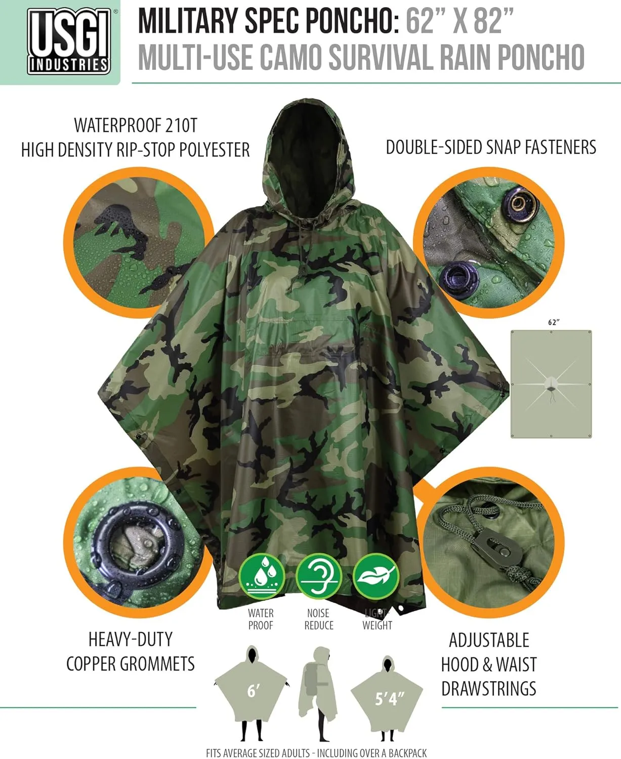 USGI Industries Military Style Poncho Multi Use Rip Stop Camouflage Rain Poncho