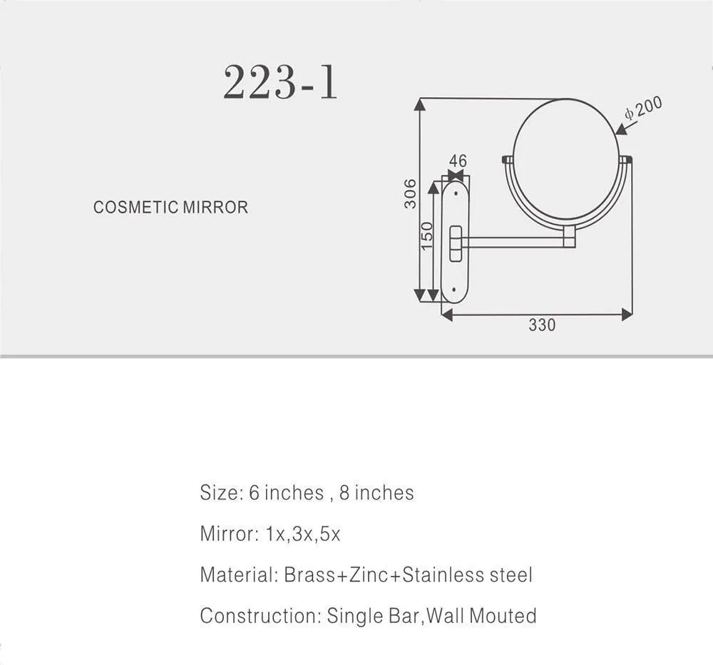 Vanity Makeup Mirrors Magnifying Hotel Bathroom Shaving Cosmetic Double Folding Arms Wall Mirrors(A,8inch)