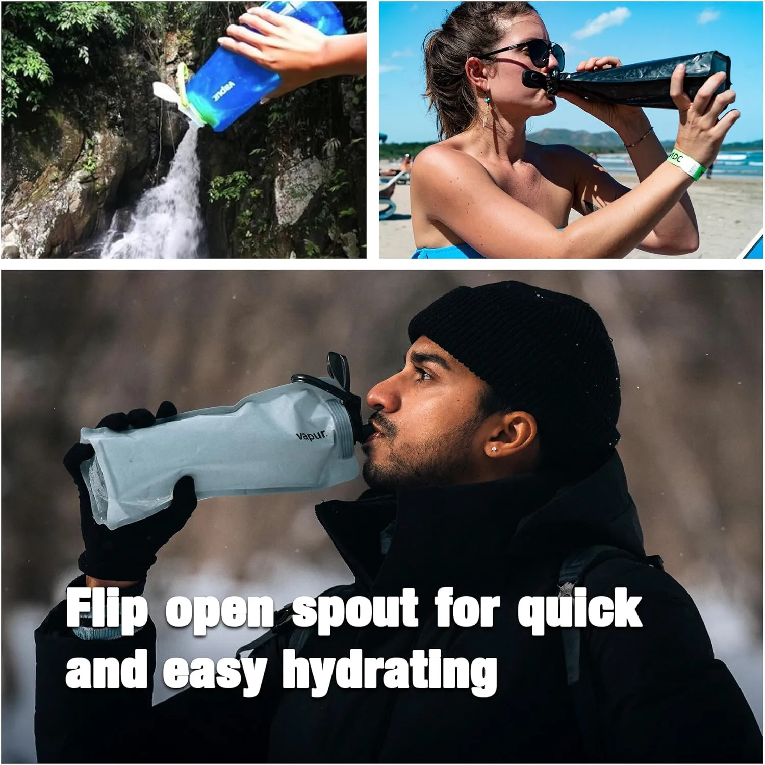 Vapur Collapsible Water Bottle With Carabiner, Compact Bottle Folds Flat For Hydration On The Go, Ideal for Traveling, Hiking or Camping, 34 Ounce, Blackout, Pack of 2