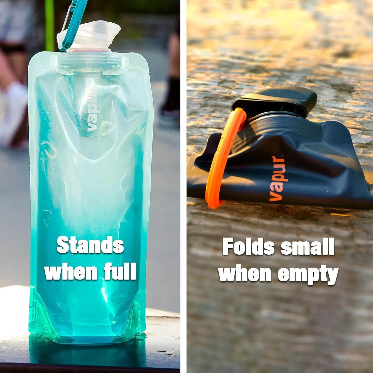 Vapur Collapsible Water Bottle With Carabiner, Compact Bottle Folds Flat For Hydration On The Go, Ideal for Traveling, Hiking or Camping, 34 Ounce, Blackout, Pack of 2