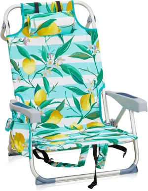 Vasitelan Outdoor Folding Backpack Beach Chair with 5 Positions, Towel bar, Cooler Pouch, Cup Holder,Folding Beach Chair with Backpack Straps (Lemon, Short)