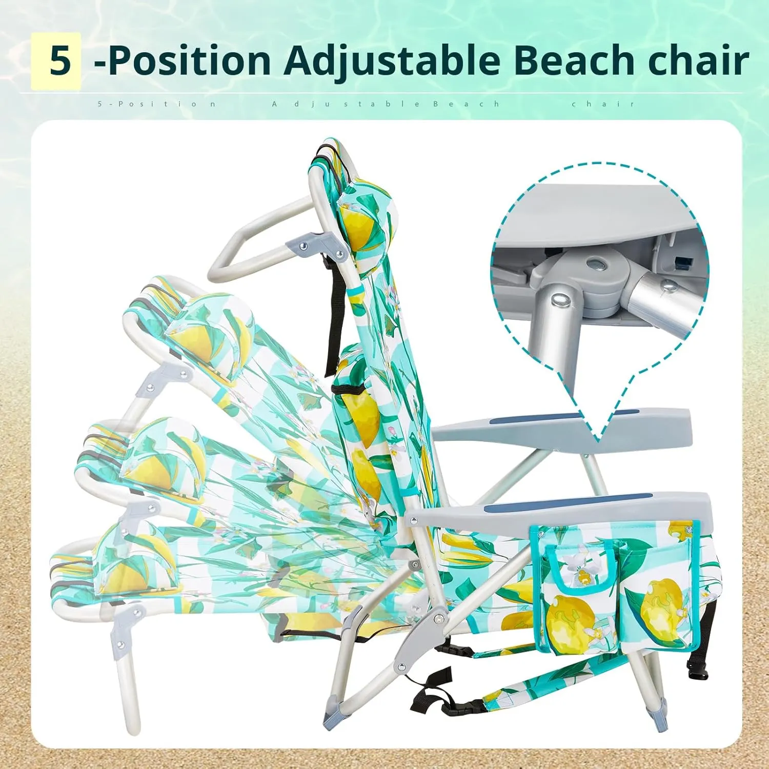 Vasitelan Outdoor Folding Backpack Beach Chair with 5 Positions, Towel bar, Cooler Pouch, Cup Holder,Folding Beach Chair with Backpack Straps (Lemon, Short)