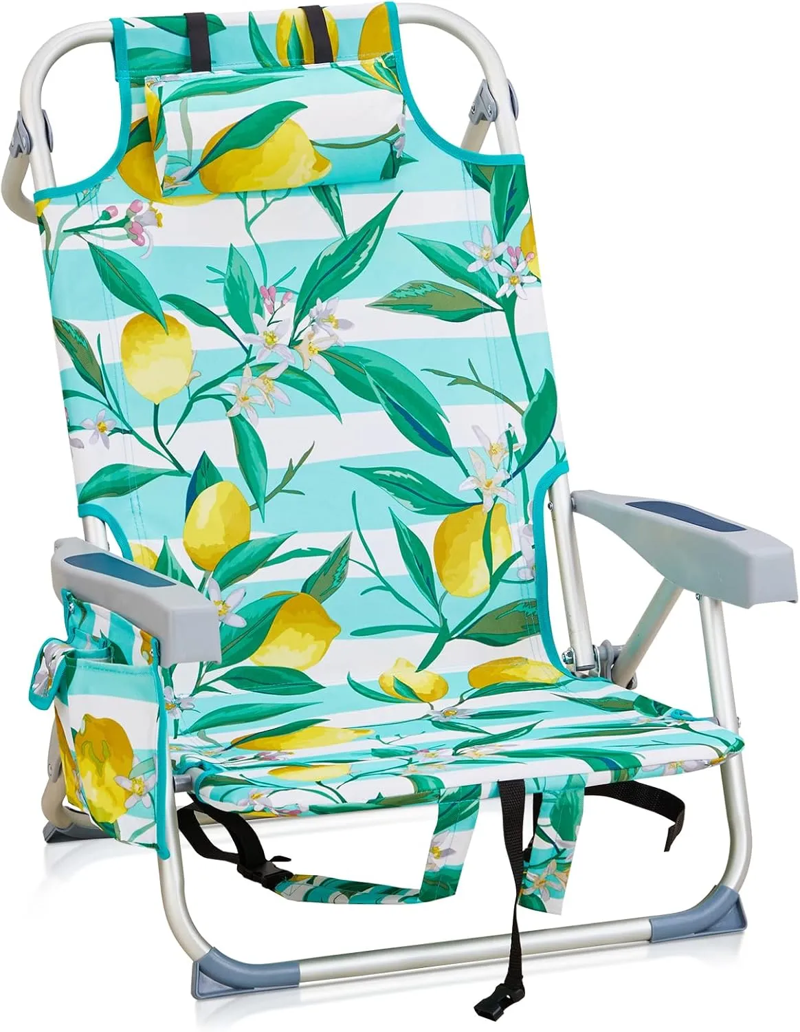 Vasitelan Outdoor Folding Backpack Beach Chair with 5 Positions, Towel bar, Cooler Pouch, Cup Holder,Folding Beach Chair with Backpack Straps (Lemon, Short)