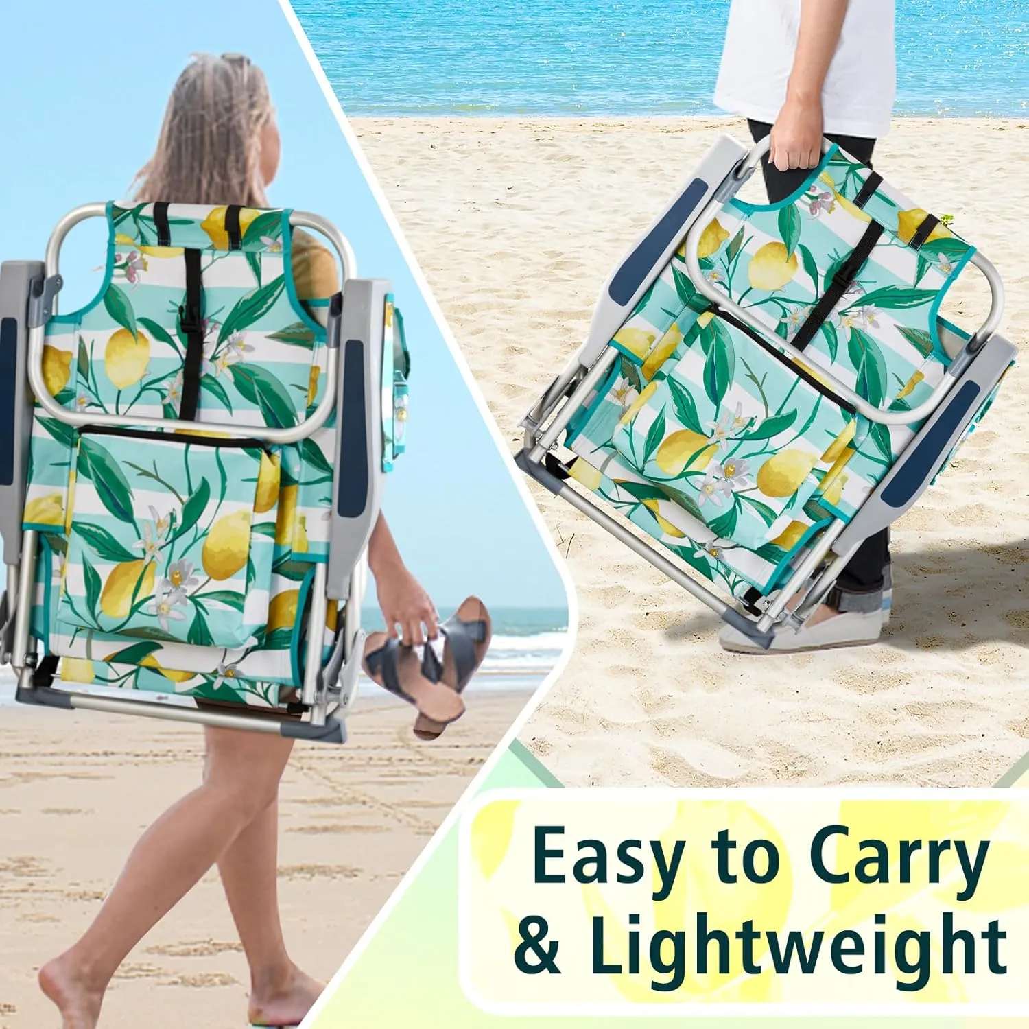 Vasitelan Outdoor Folding Backpack Beach Chair with 5 Positions, Towel bar, Cooler Pouch, Cup Holder,Folding Beach Chair with Backpack Straps (Lemon, Short)