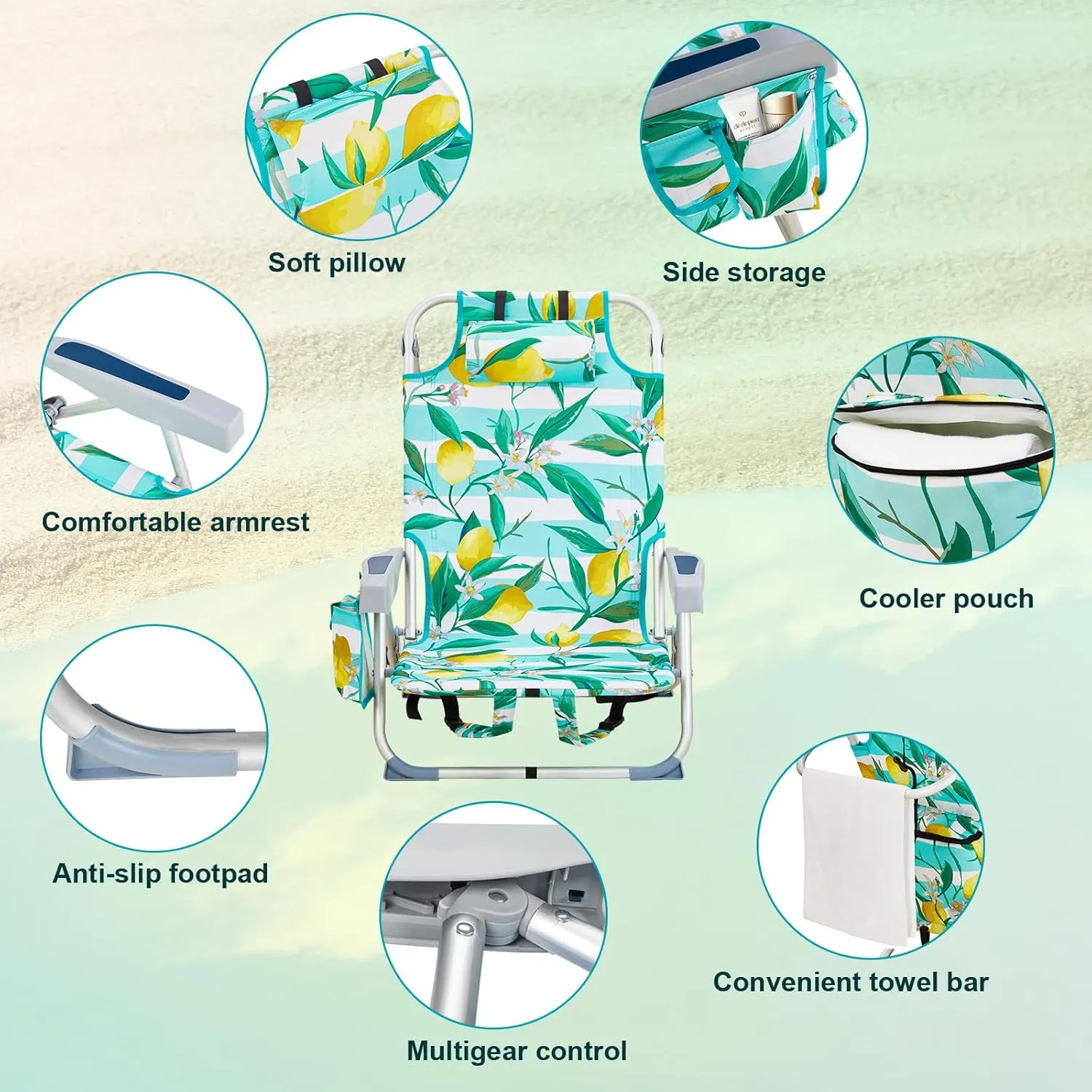 Vasitelan Outdoor Folding Backpack Beach Chair with 5 Positions, Towel bar, Cooler Pouch, Cup Holder,Folding Beach Chair with Backpack Straps (Lemon, Short)