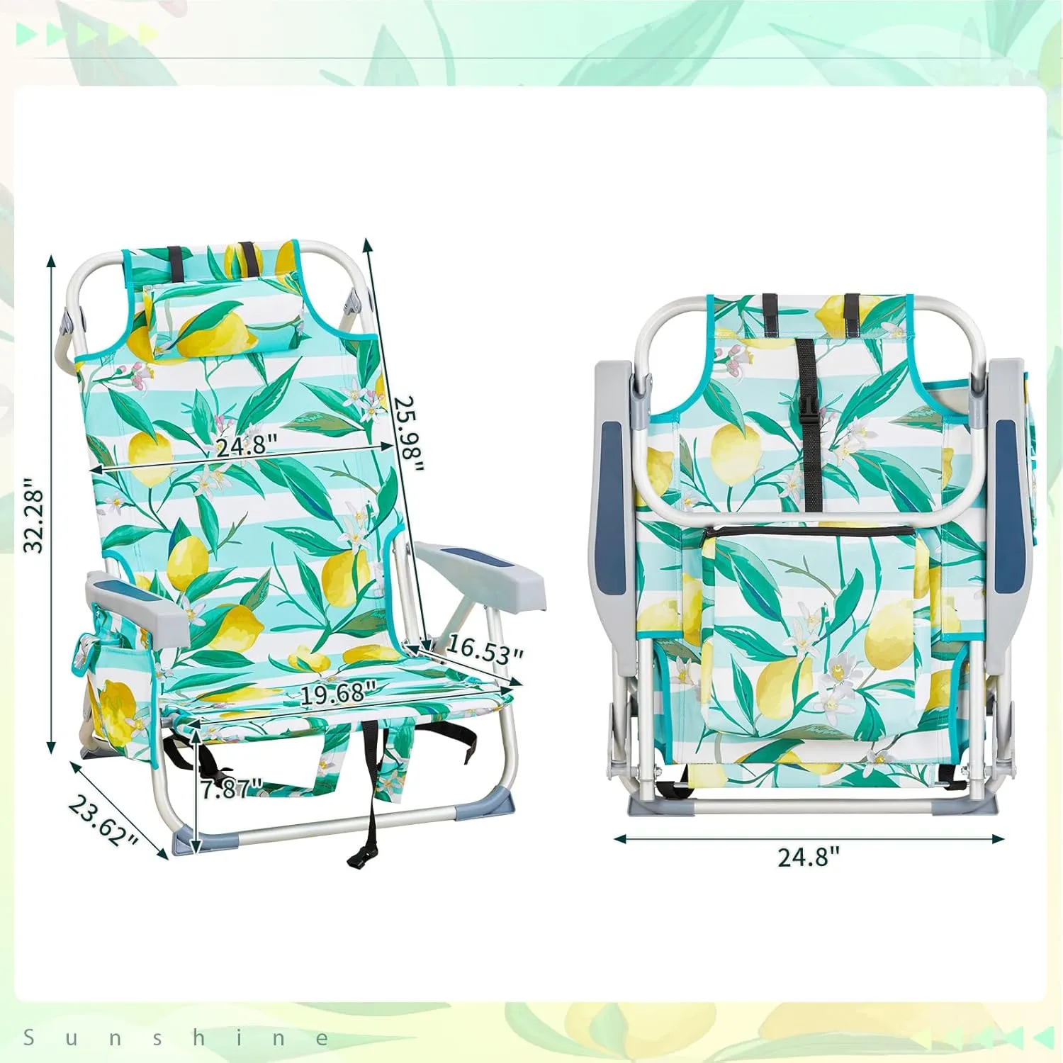 Vasitelan Outdoor Folding Backpack Beach Chair with 5 Positions, Towel bar, Cooler Pouch, Cup Holder,Folding Beach Chair with Backpack Straps (Lemon, Short)
