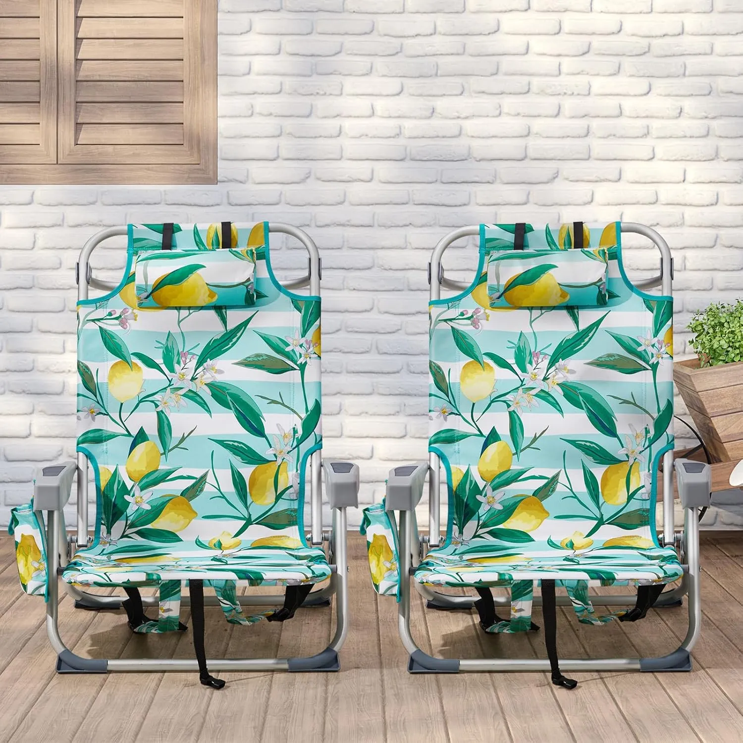 Vasitelan Outdoor Folding Backpack Beach Chair with 5 Positions, Towel bar, Cooler Pouch, Cup Holder,Folding Beach Chair with Backpack Straps (Lemon, Short)
