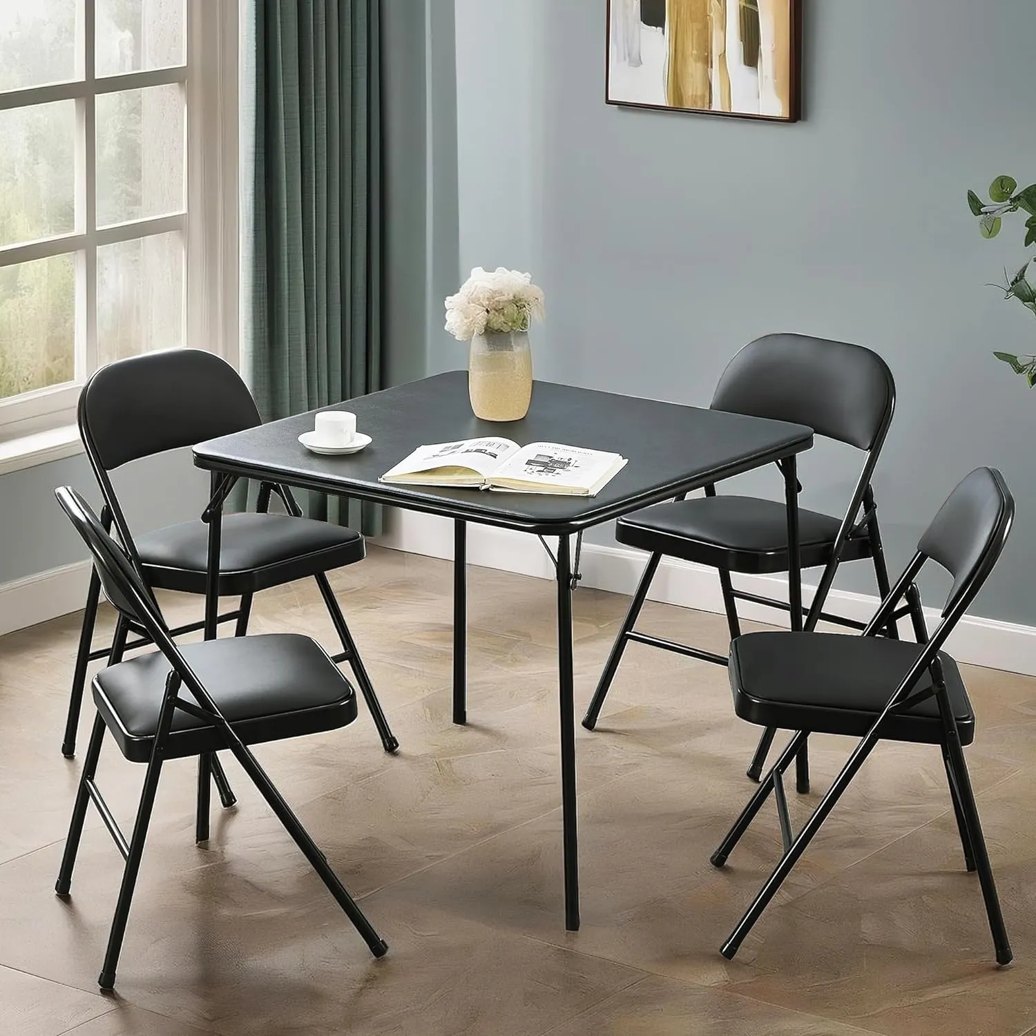 VECELO Folding Card Table and Chair Set of 5 Portable with Padded Tabletop, No Assembly Required, Black