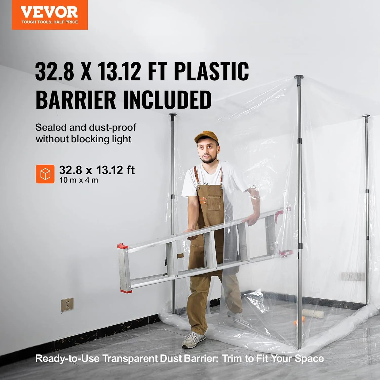 VEVOR Dust Barrier 10 Telescoping System with 4 Poles, Carry Bag, and 32.8x13.12 Ft Plastic Film for Interior Decoration and Painting, White Transparent