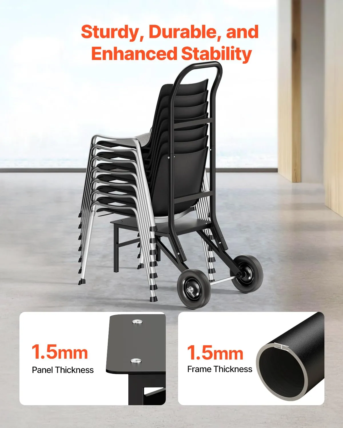 VEVOR Folding Chair Rack, 150 LBS Capacity, Heavy-Duty Chair Cart for Stacking 10 Chairs, Multi-Function Metal Chair Storage Dolly with Rubber Wheels, Push-Style Chair Holder, Matte Black
