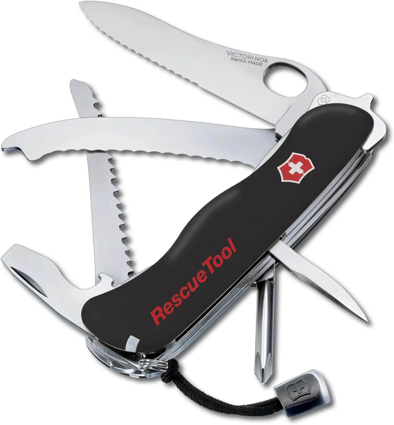 Victorinox Rescue Tool with Nylon Pouch Swiss Army Knife, 13 Functions, Swiss Made Pocket Knife with Seatbelt Cutter and Glass Saw - Black