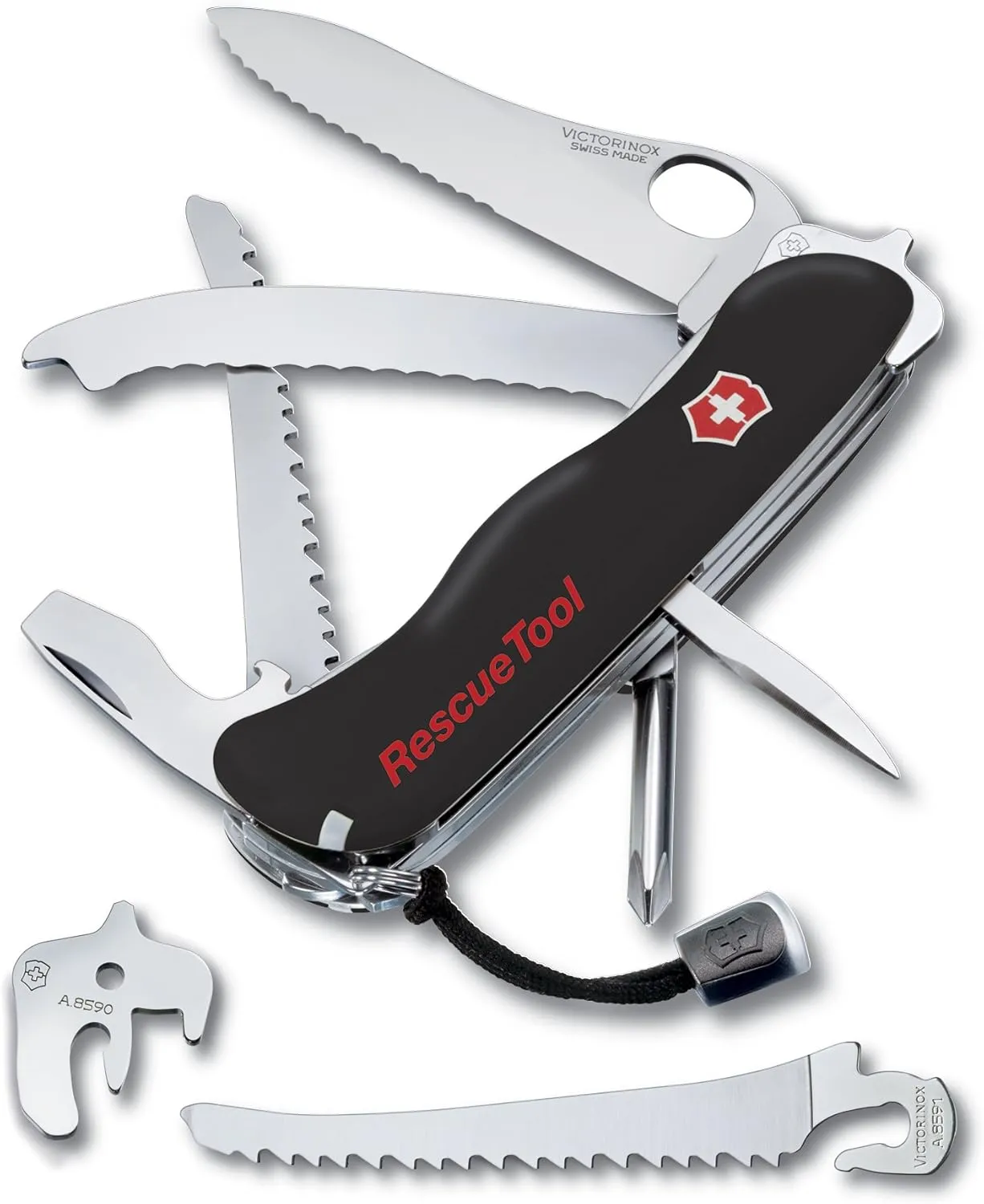 Victorinox Rescue Tool with Nylon Pouch Swiss Army Knife, 13 Functions, Swiss Made Pocket Knife with Seatbelt Cutter and Glass Saw - Black