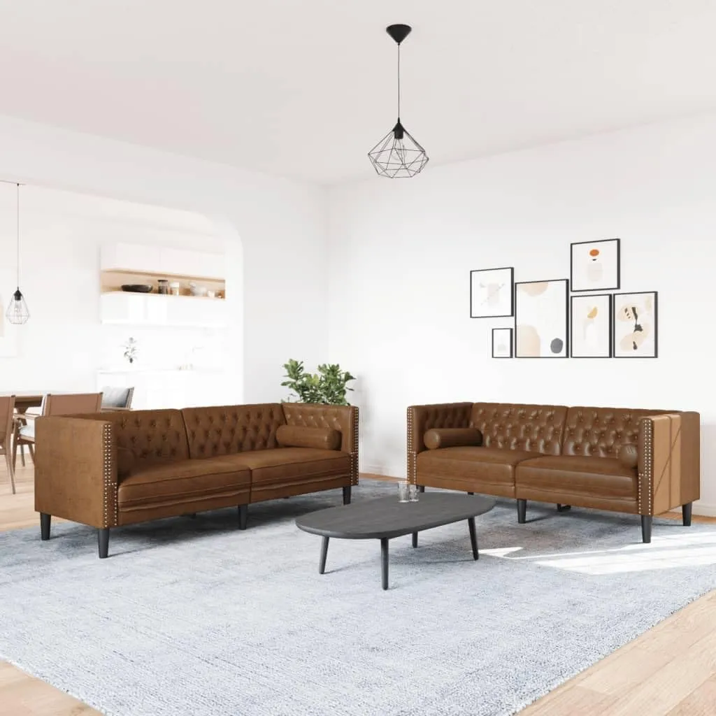 vidaXL Chesterfield Sofa Set with Bolsters, 2-Piece Set, Sofa Set with Cushion, Seating Set for Living Room, Upholstered Sofa, Couch Chair, Brown Faux Leather, Suede Look