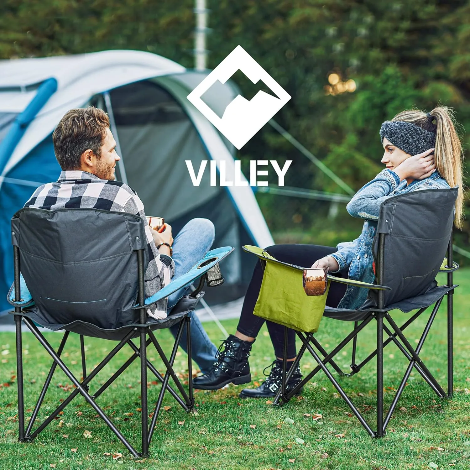 VILLEY Camping Chair, Oversized Folding Camp Chair, Portable Outdoor Chairs Support 400 LBS with Padded Seats, Cooler Bag, Cup Holder, Carry Bag, Blue