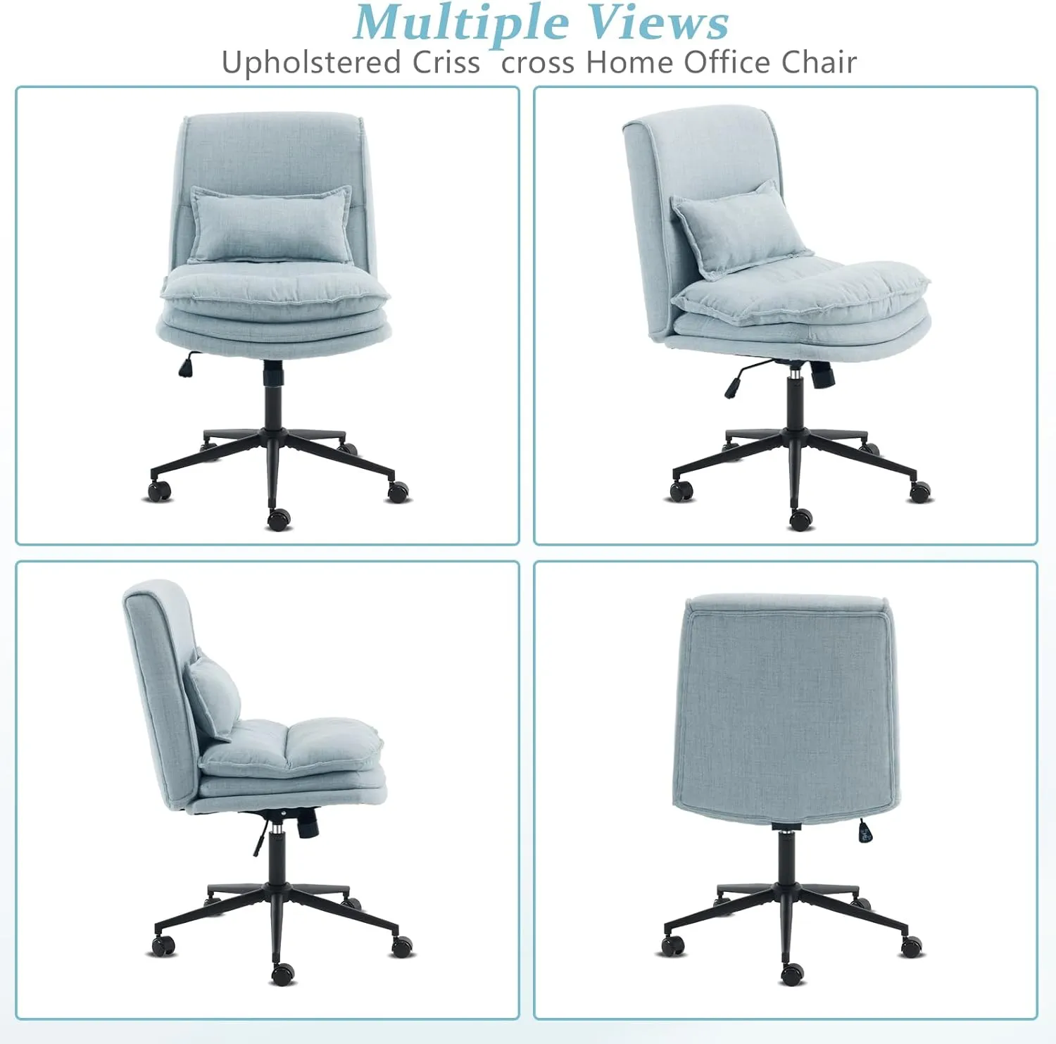VINGLI Cloud Criss Cross Legged Chair,18" High Back Armless Home Office Desk Chair with Wheels,Wide Adjustable Comfy Padded Seat Task Computer Chair,Modern Swivel Makeup Vanity Chair,Fabric,Blue