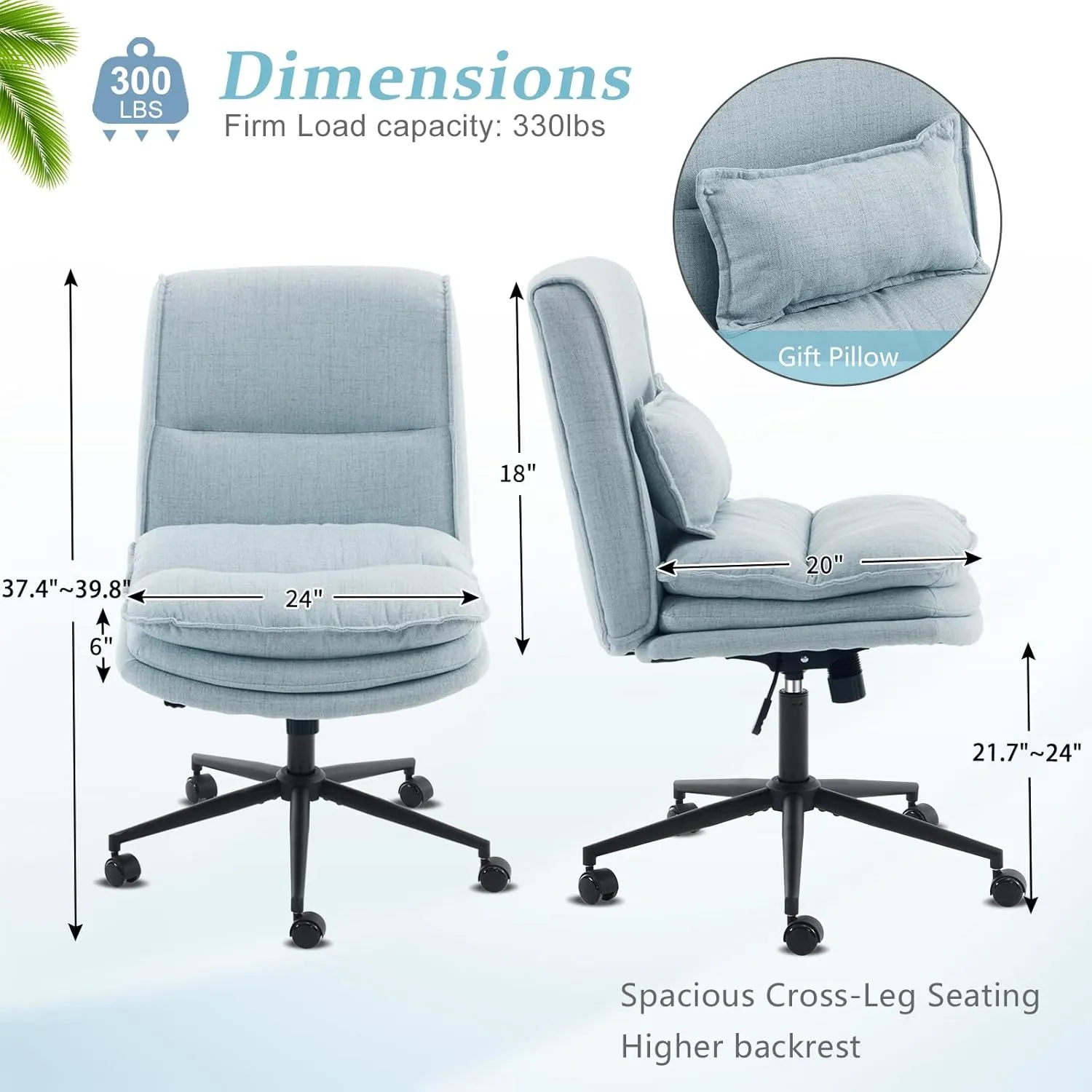 VINGLI Cloud Criss Cross Legged Chair,18" High Back Armless Home Office Desk Chair with Wheels,Wide Adjustable Comfy Padded Seat Task Computer Chair,Modern Swivel Makeup Vanity Chair,Fabric,Blue