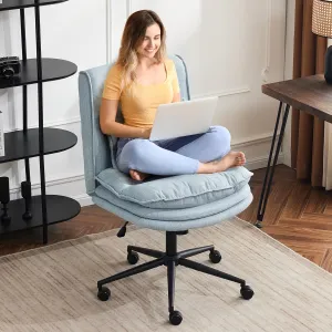 VINGLI Cloud Criss Cross Legged Chair,18" High Back Armless Home Office Desk Chair with Wheels,Wide Adjustable Comfy Padded Seat Task Computer Chair,Modern Swivel Makeup Vanity Chair,Fabric,Blue