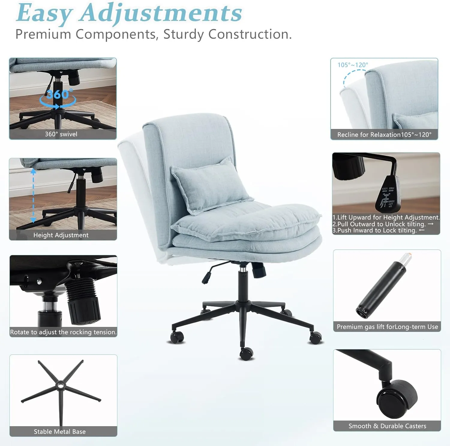 VINGLI Cloud Criss Cross Legged Chair,18" High Back Armless Home Office Desk Chair with Wheels,Wide Adjustable Comfy Padded Seat Task Computer Chair,Modern Swivel Makeup Vanity Chair,Fabric,Blue